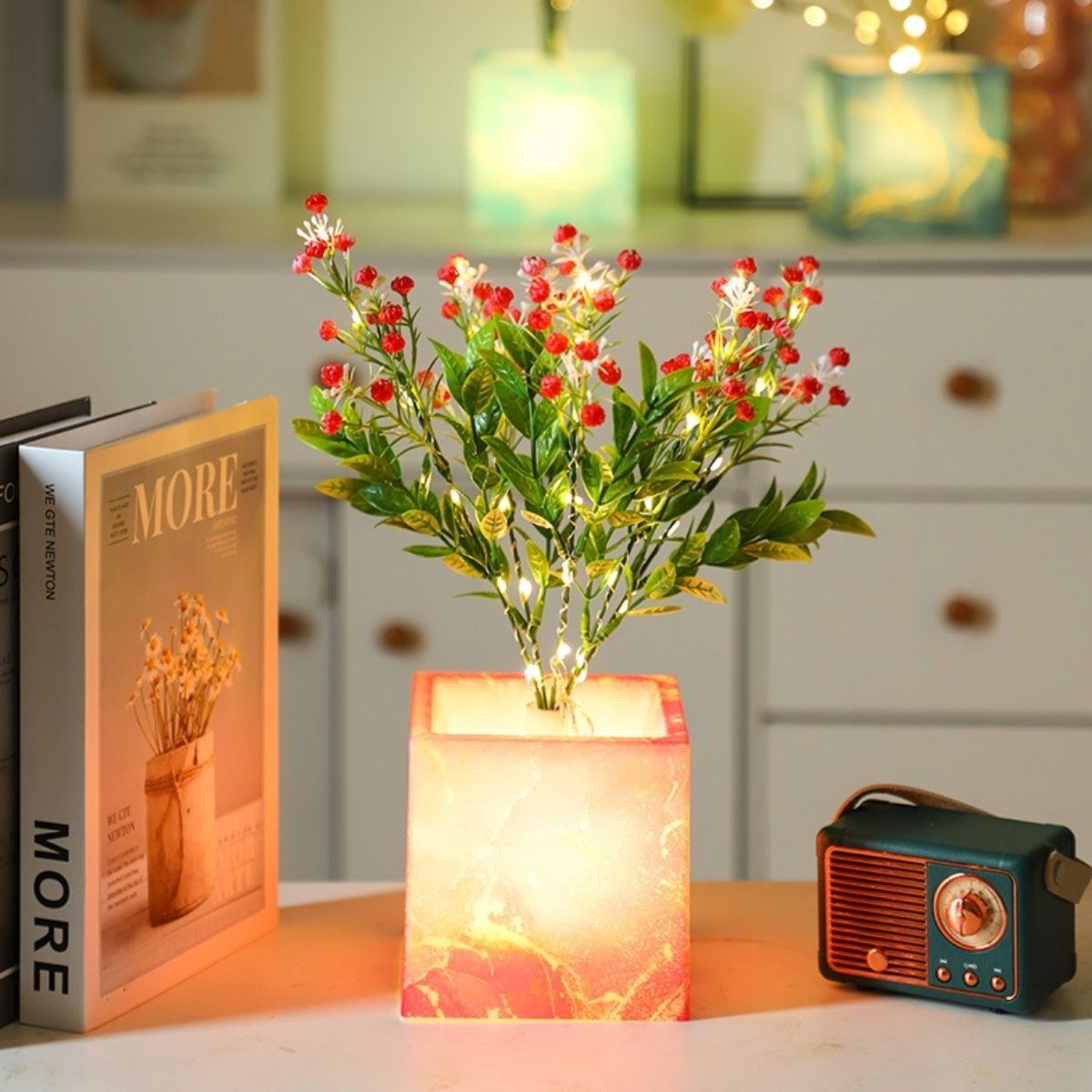 Işıklı Yapay Çiçek - Pembe Saksılı LED Dekoratif Bitki, Masaüstü ve Ev Ofis Aydınlatmalı Süs Bitkisi