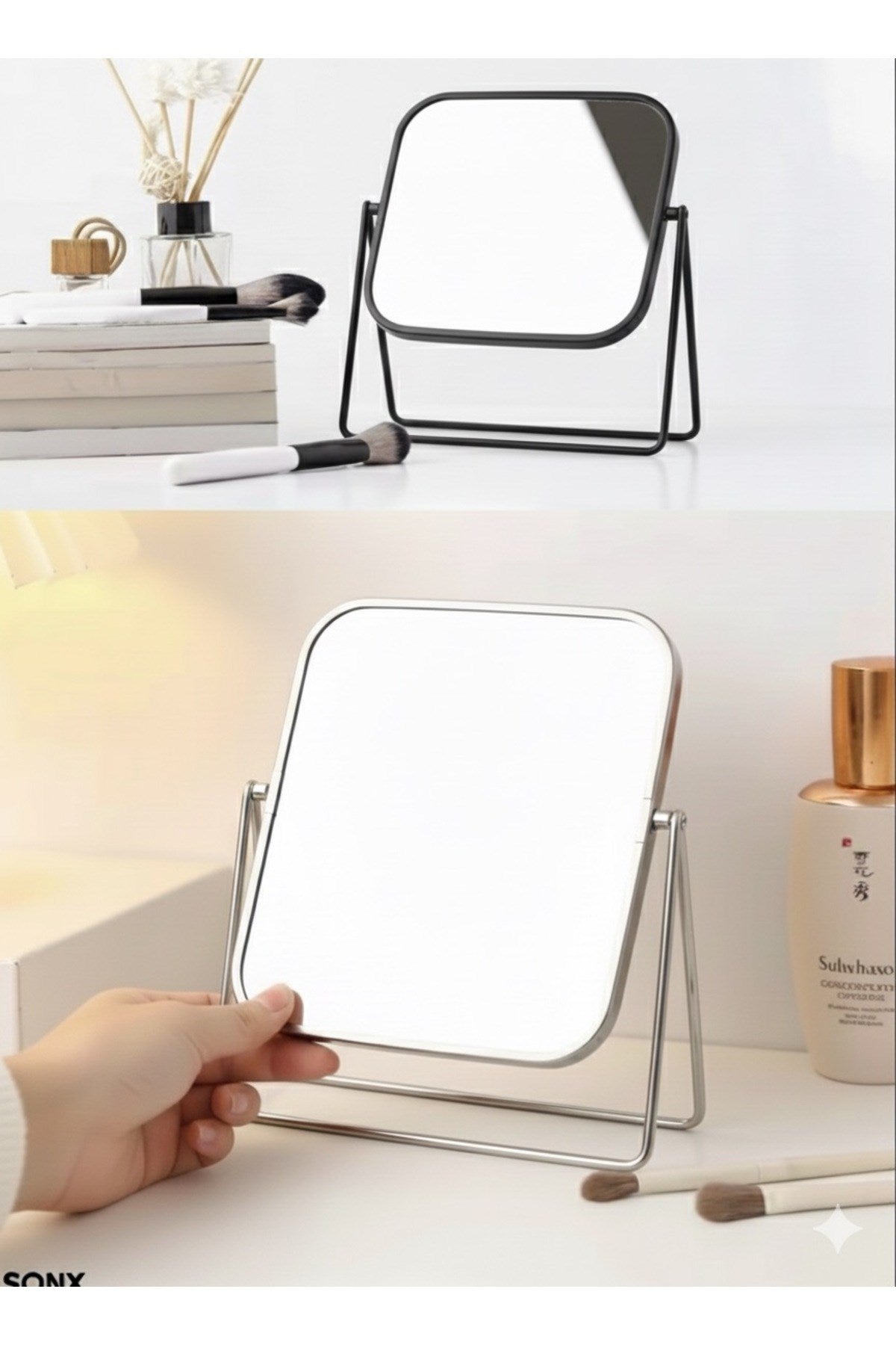 Gümüş Renk Ayarlanabilir KARE Metal Ayaklı Masa Üstü Makyaj Aynası -360° Döner,Şık Dekoratif Tasarım