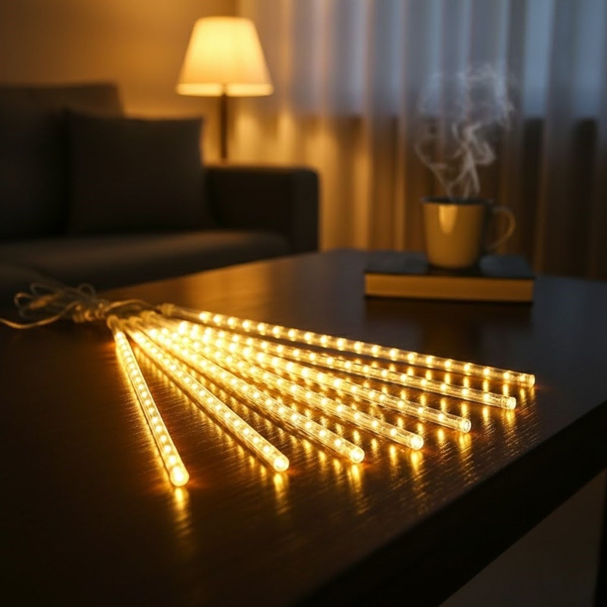 10'lu 45 cm Plastik Meteor LED USB 2M Kablo Sarı Renk Ağaç Işığı - Renk Değiştiren Asmalı Dekoratif Bahçe ve Dış Mekan Aydınlatması