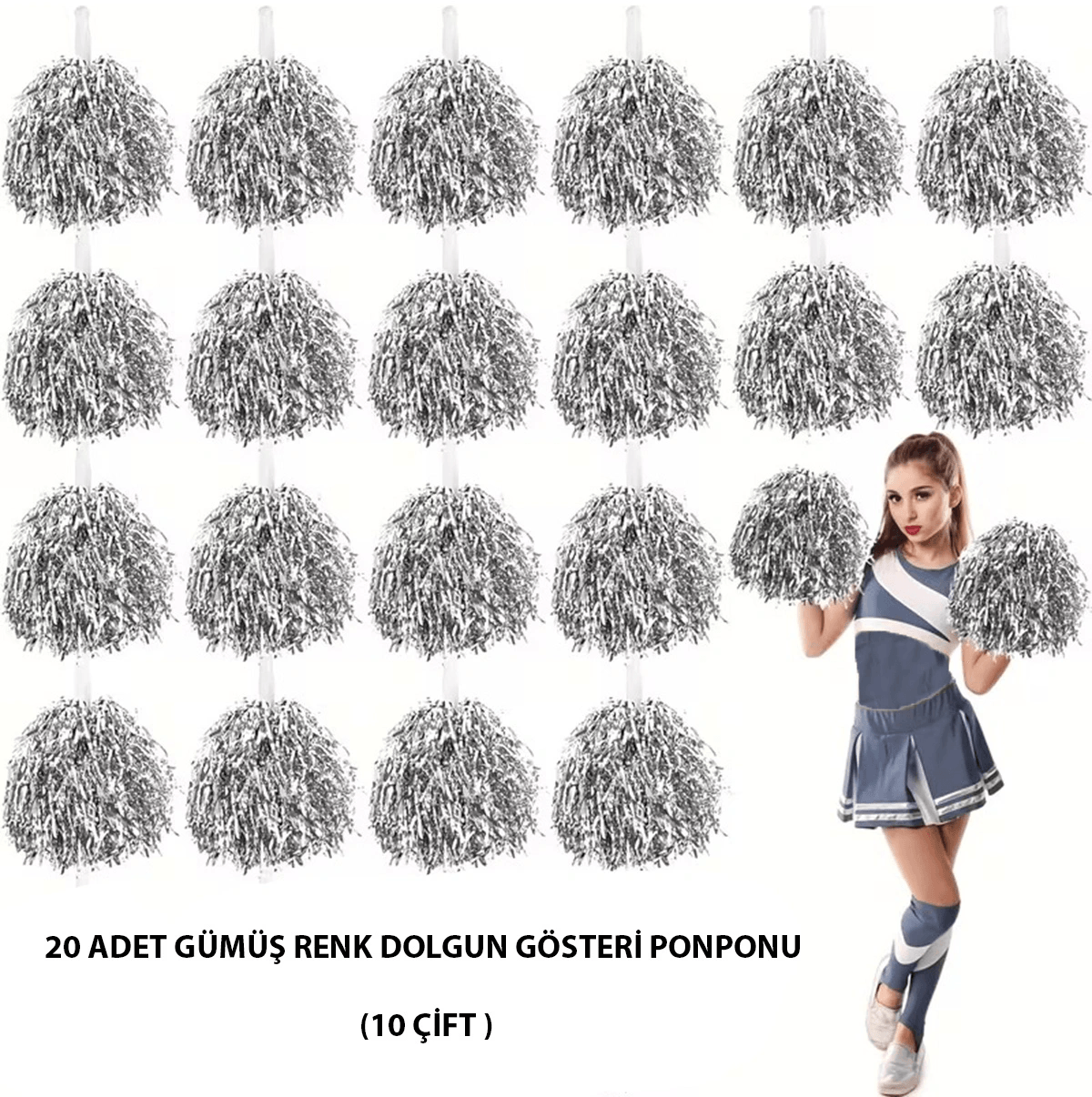 10 Çift ( 20 Adet ) Gümüş Renk 23 Nisan 19 Mayıs 29 Ekim Okul Gösteri Ponponları