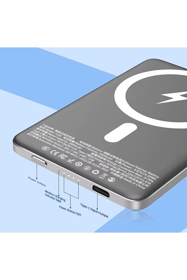 SONX Manyetik Kablosuz Şarj Taşınabilir alüminyum alaşım Powerbank- 5000mAh Hızlı Şarj ULTRA İNCE
