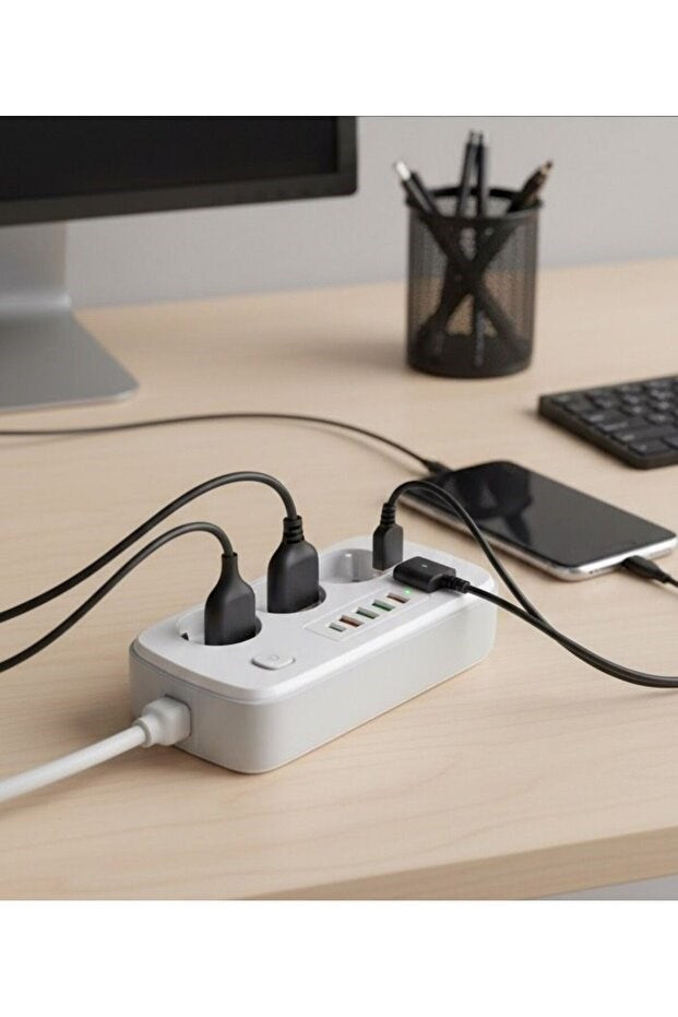 2500W Çoklu Priz 2 METRE - 3 lü AC Priz +5 USB Çıkışı AKIM KORUMALI Alev Almayan Gövde,