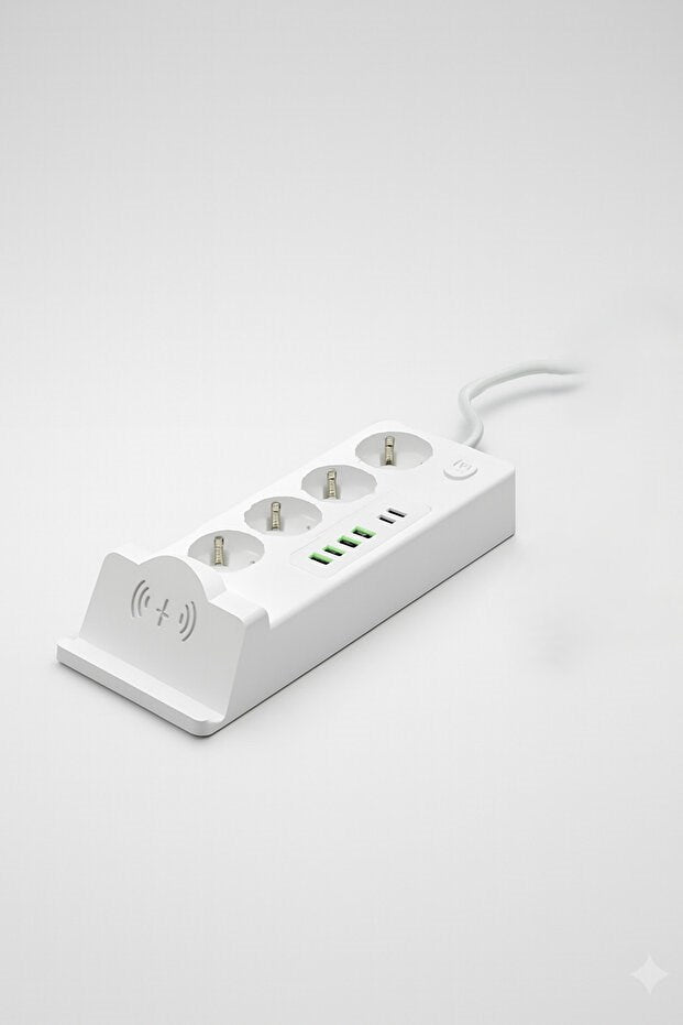 4'lü Akım Korumalı Priz ve Masaüstü Şarj İstasyonu 15W Kablosuz Şarj Standı Type-C Hızlı Şarj Çıkışı