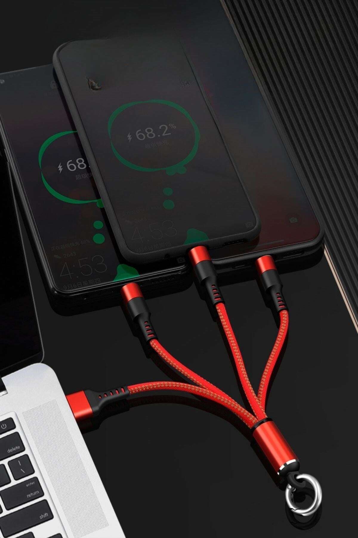 GENEL® Işıklı Anahtarlık Model 3 in 1 USB Çıkışlı MİKRO,TYPE-C ve İphone Uyumlu Şarj Kablosu - UcuzaGeliyor