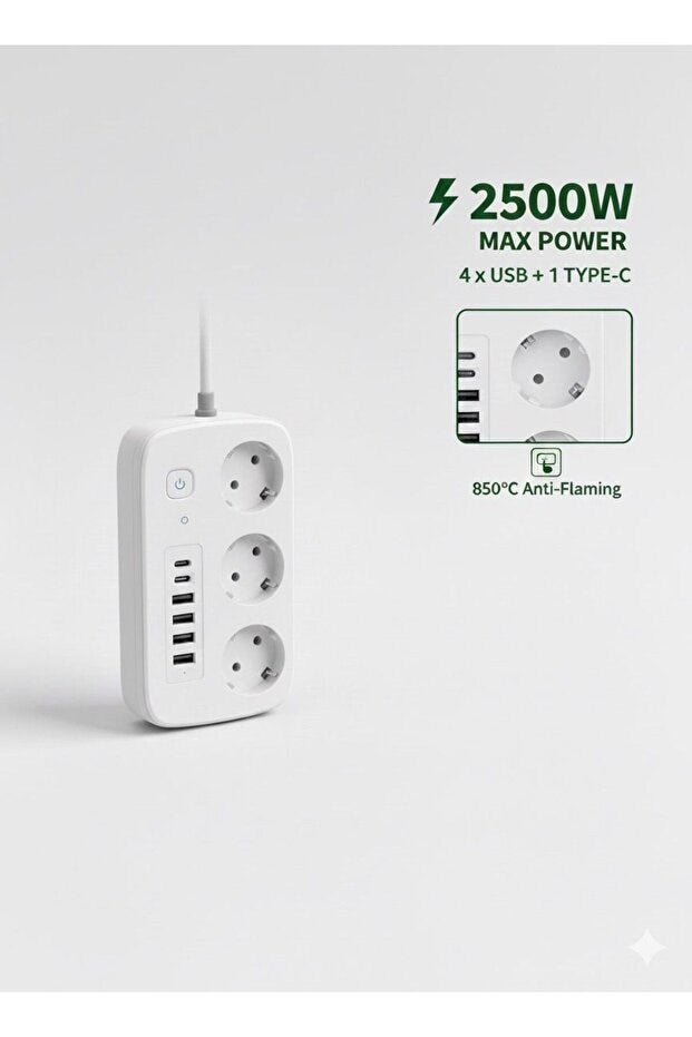 2500W Çoklu Priz 2 METRE - 3 lü AC Priz +5 USB Çıkışı AKIM KORUMALI Alev Almayan Gövde,