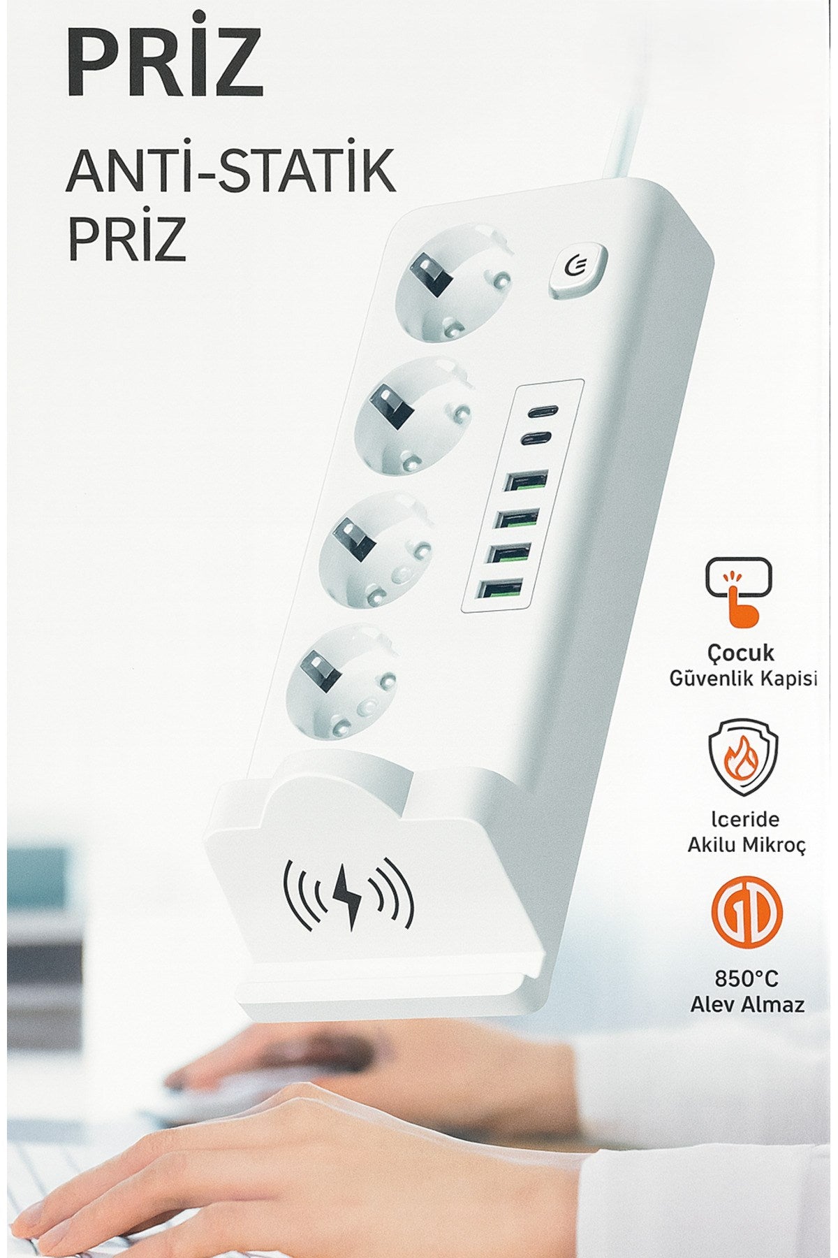 4'lü Akım Korumalı Priz ve Masaüstü Şarj İstasyonu 15W Kablosuz Şarj Standı Type-C Hızlı Şarj Çıkışı