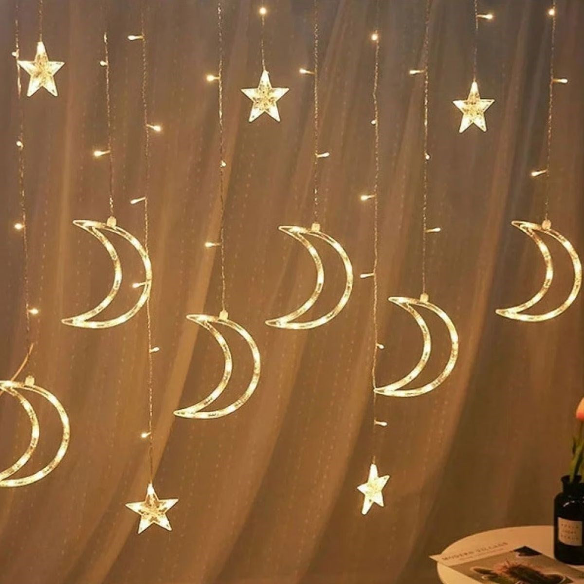 Ay ve Yıldız Figürlü Kumandalı 12 Sarkıtlı 120 LED Dekor Işık - Dekoratif Ortam ve Masaüstü Aydınlatması