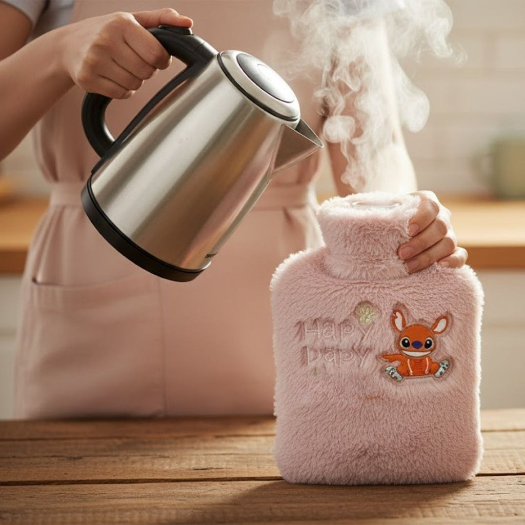 Mutlu Robot Hayvan Figürlü Pembe Peluş Sıcak Su Torbası 1 Lt - Yumuşak Kılıf, Uzun Süre Sıcak Tutan Termal Su Torbası