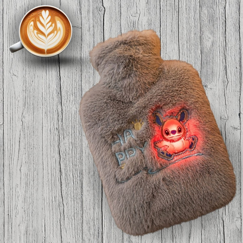 Mutlu Robot Hayvan Figürlü Gri Peluş Sıcak Su Torbası 1 Lt - Yumuşak Kılıf, Uzun Süre Sıcak Tutan Termal Su Torbası