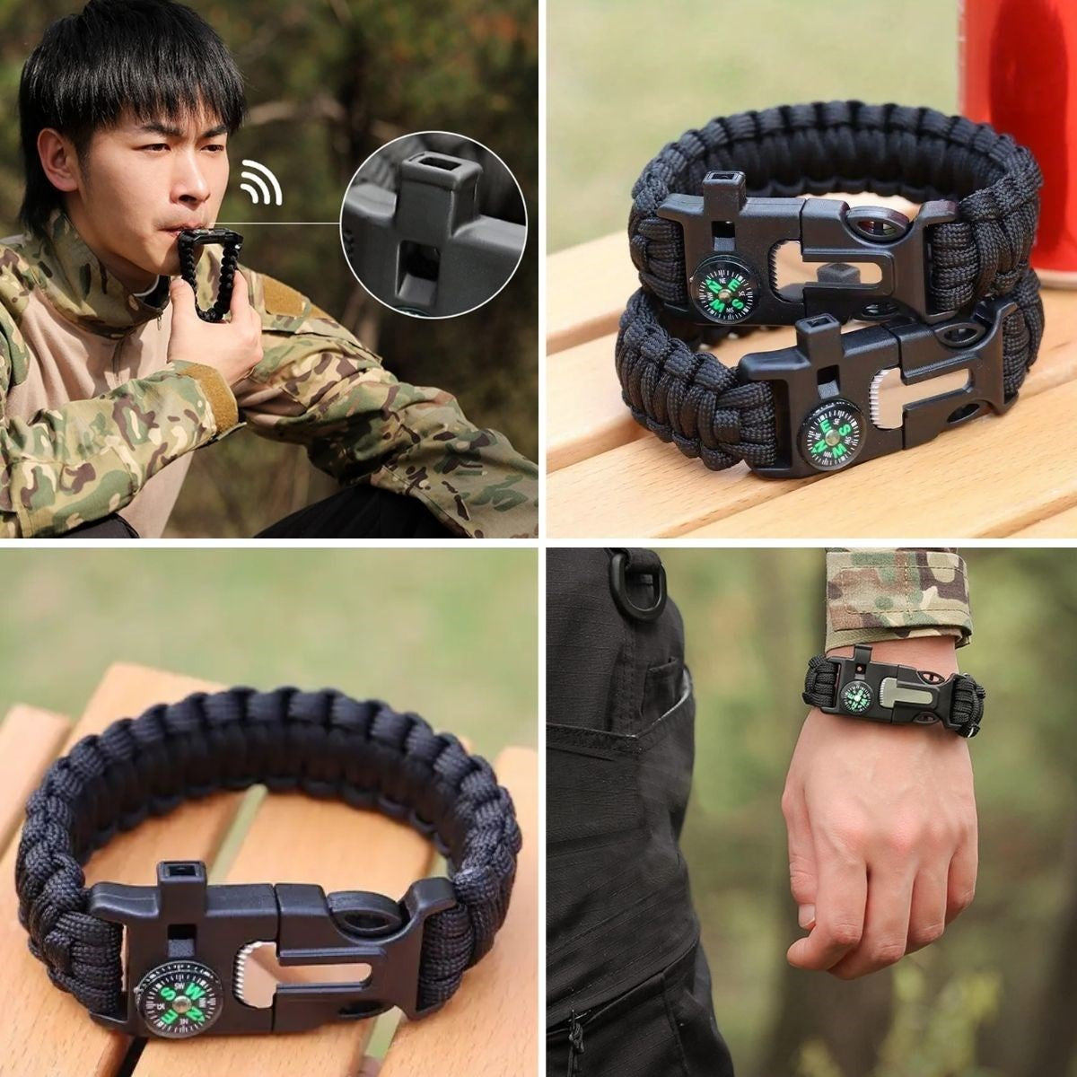 GENEL® 5'i 1 Arada Çok Fonksiyonlu Hayatta Kalma Bilekliği Pusula, Düdük, Çakmak Taşı ve Şemsiye İpi Bileklik - UcuzaGeliyor