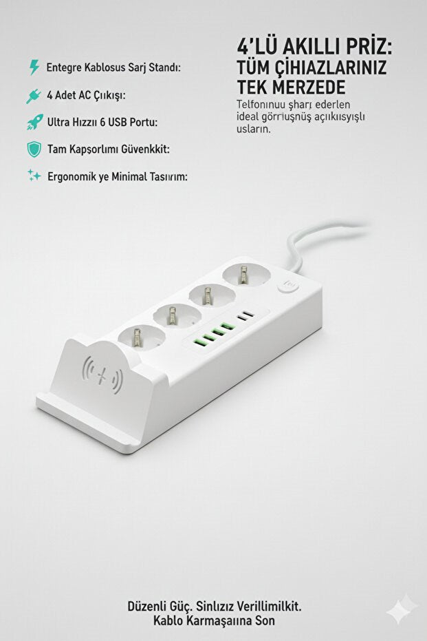 4'lü Akım Korumalı Priz ve Masaüstü Şarj İstasyonu 15W Kablosuz Şarj Standı Type-C Hızlı Şarj Çıkışı