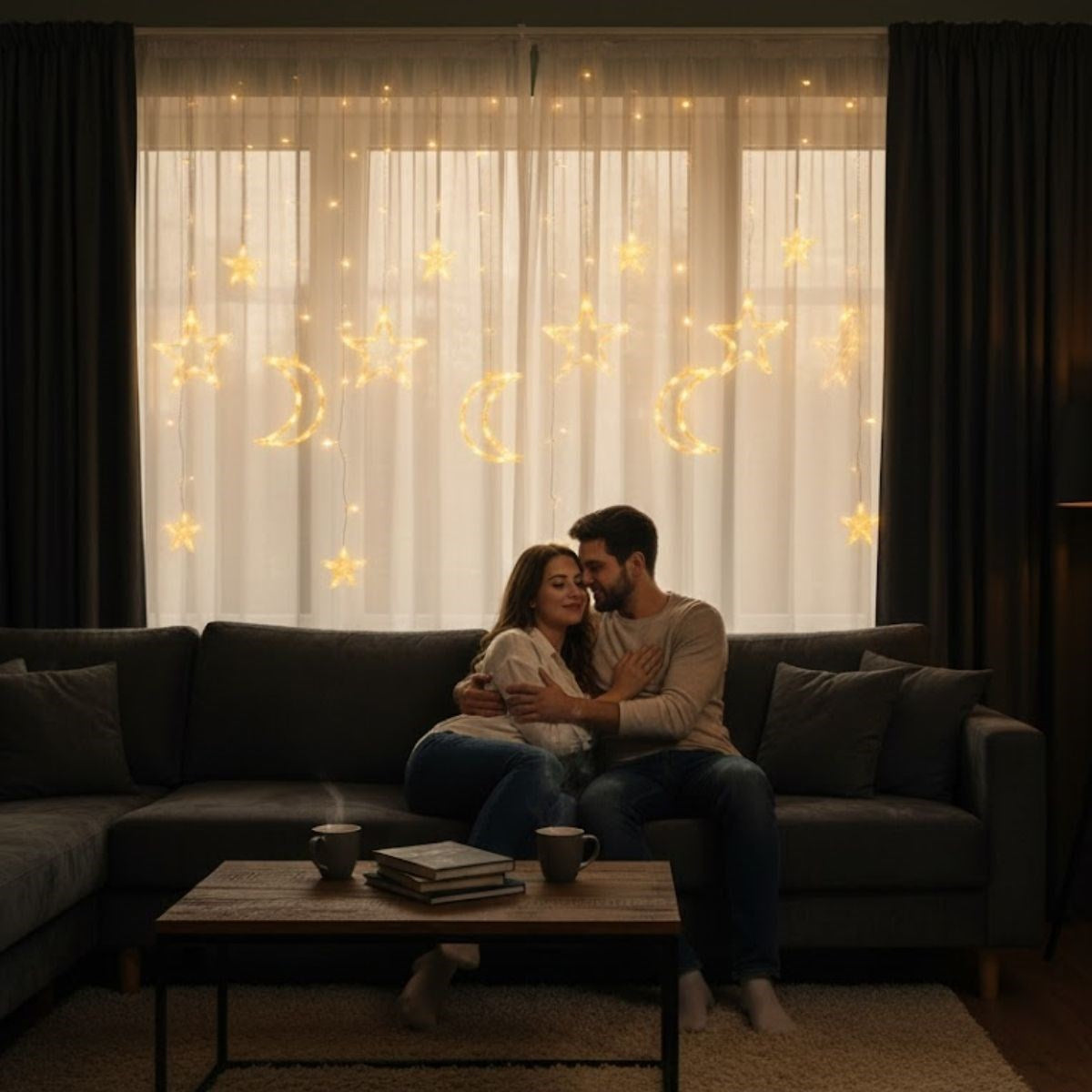 Ay ve Yıldız Figürlü Kumandalı 12 Sarkıtlı 120 LED Dekor Işık - Dekoratif Ortam ve Masaüstü Aydınlatması