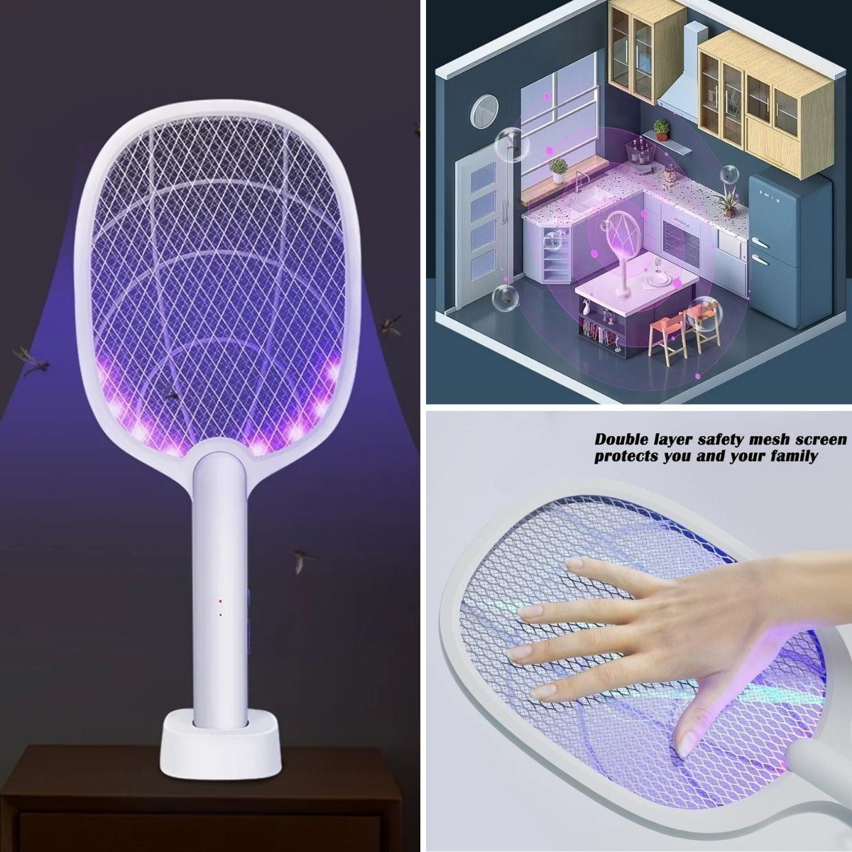 GENEL® Şarjlı Sinek Öldürücü Masaüstü Standlı,Mor Işık Sinek Kovucu Raket 5w - UcuzaGeliyor