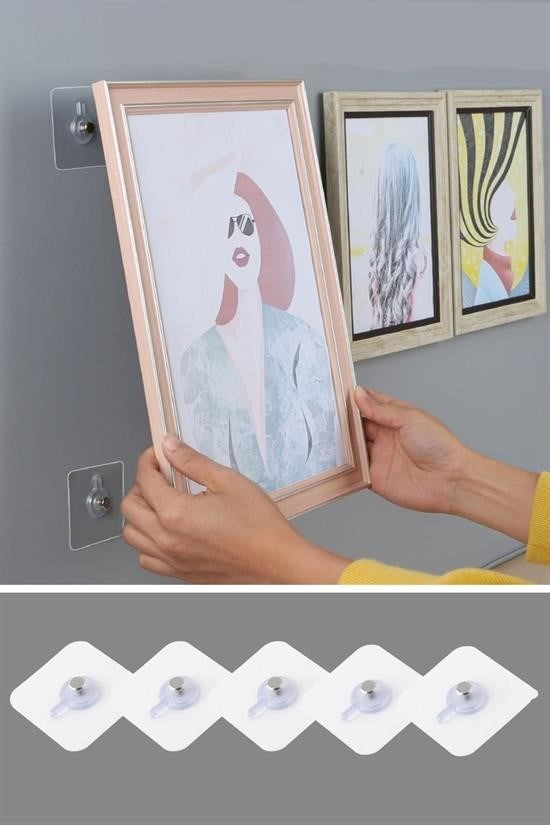 BUFFER® Süper Güçlü Çerçeve Askısı Pin Delgisiz Vidalı Tırnak Kanca Yapışkanlı Raf Tutucu Askı 4 Adet