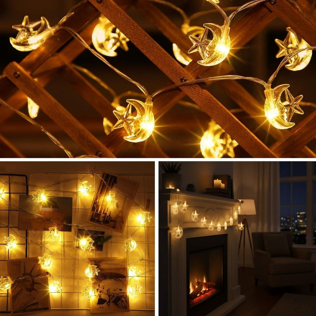 Hilal ve Yıldız Şekilli 3.5 Metre USB LED Işık - 20 LED li Dekoratif Ramazan Dekorasyonu ve Ortam Aydınlatması