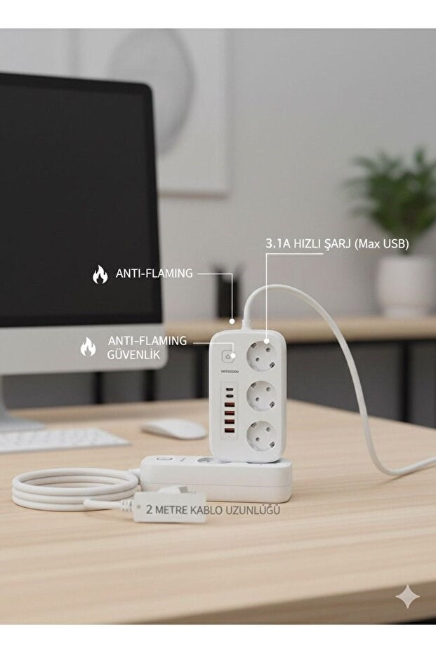 2500W Çoklu Priz 2 METRE - 3 lü AC Priz +5 USB Çıkışı AKIM KORUMALI Alev Almayan Gövde,