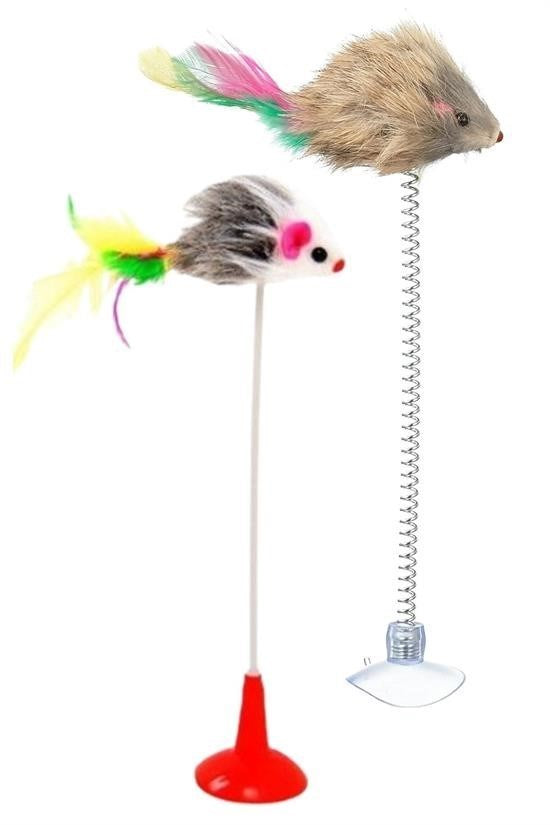 GENEL® 2li Vantuzlu Fareli Tüylü Hareketli Çanlı ve Esneyen Eğlenceli Peluş Kedi Oyuncağı - UcuzaGeliyor