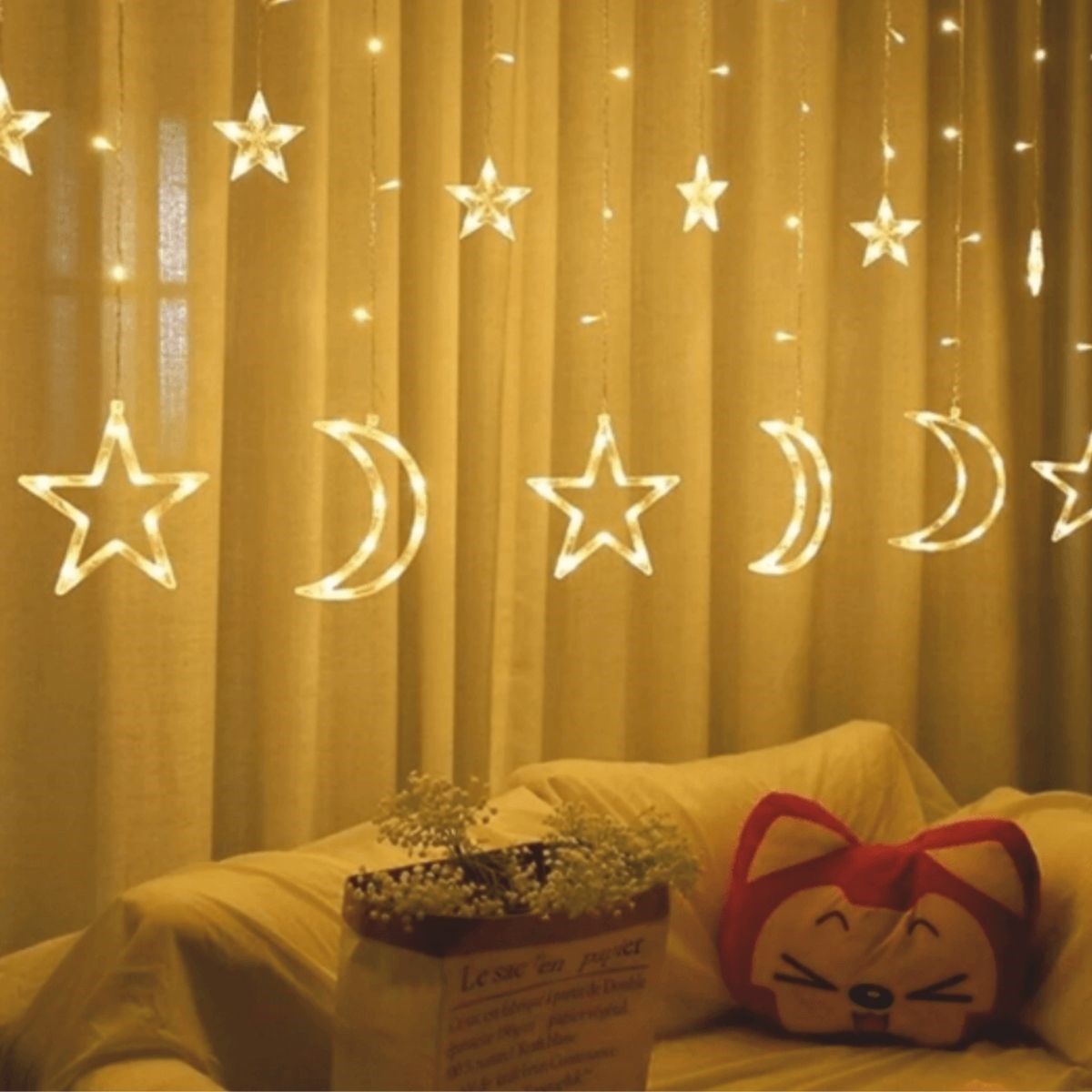 Ay ve Yıldız Figürlü Kumandalı 12 Sarkıtlı 120 LED Dekor Işık - Dekoratif Ortam ve Masaüstü Aydınlatması