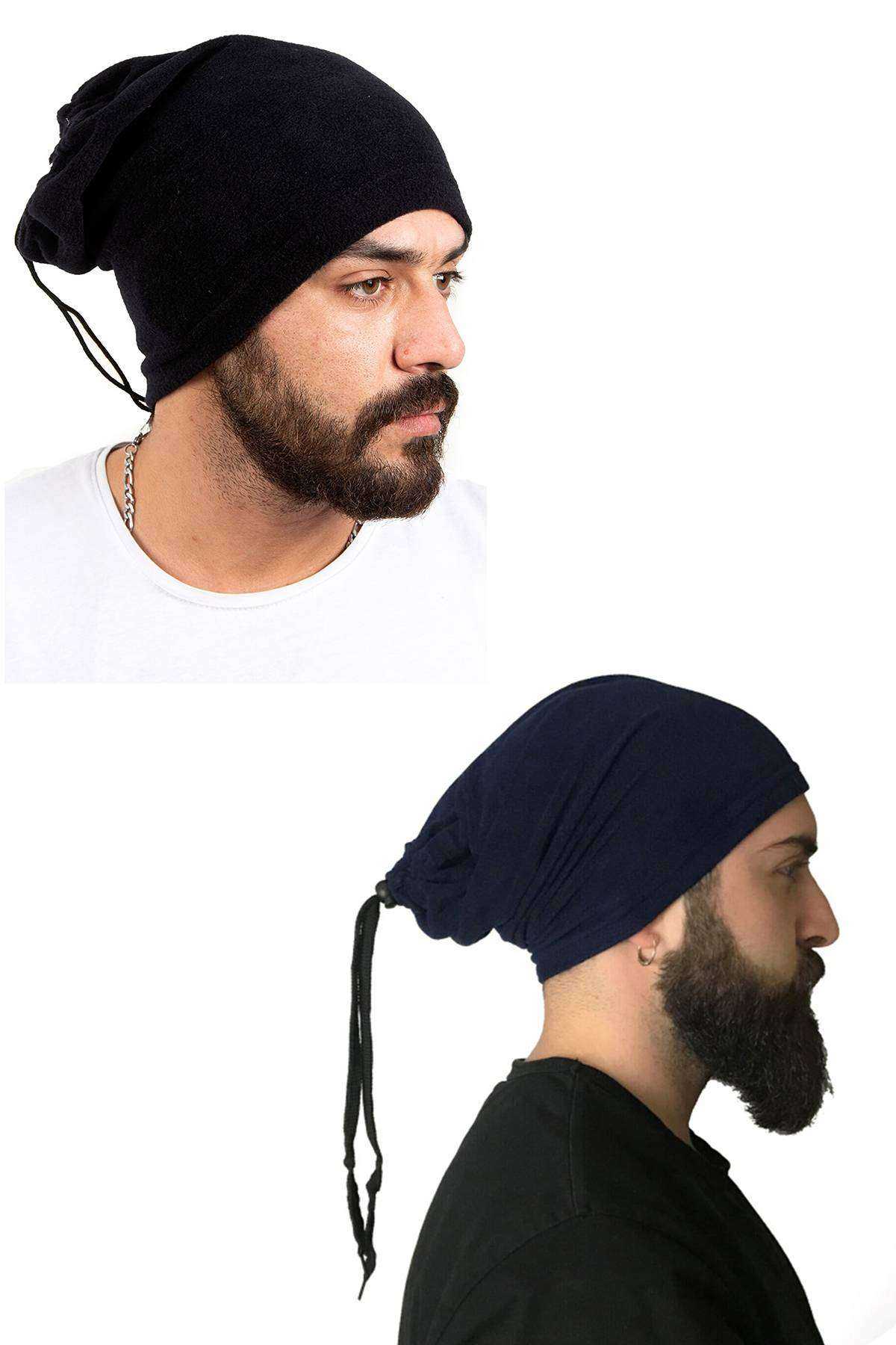 2 Adet Polar İpli Bere ve Boyunluk Siyah Lacivert - UcuzaGeliyor