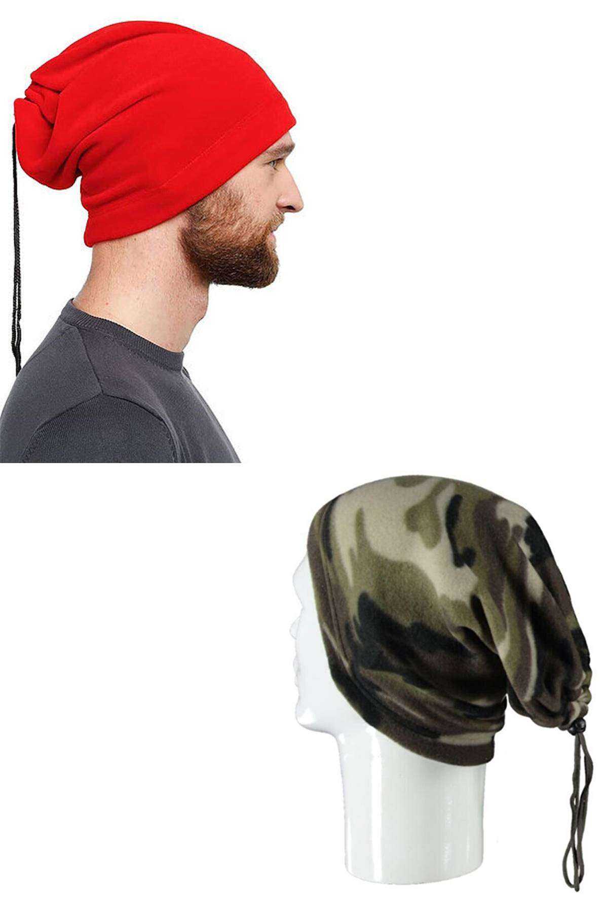 2 Adet Polar İpli Bere ve Boyunluk Kırmızı Kamuflaj - UcuzaGeliyor