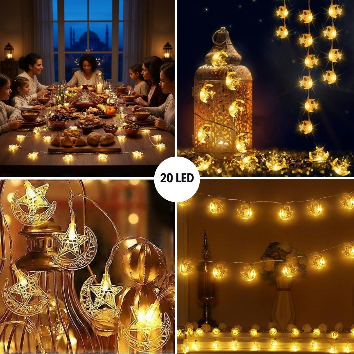 Hilal ve Yıldız Şekilli 3.5 Metre USB LED Işık - 20 LED li Dekoratif Ramazan Dekorasyonu ve Ortam Aydınlatması