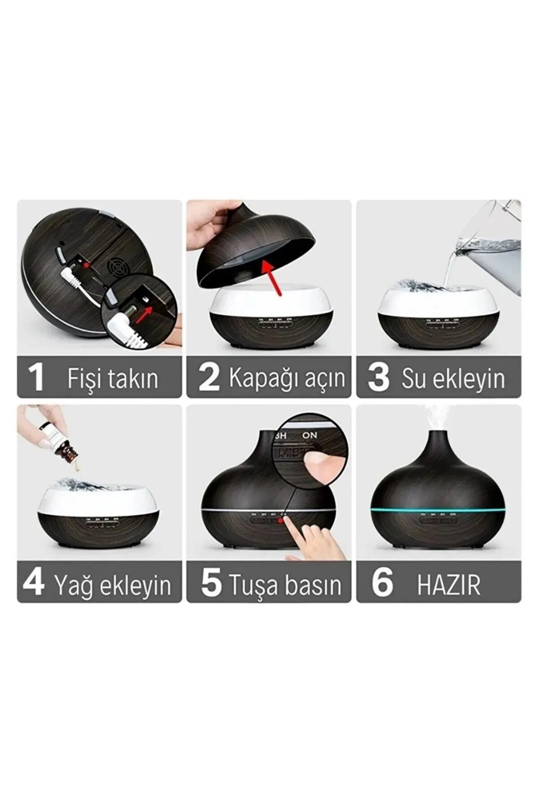 SONX Aroma Difüzörü Gece Işığı 7 Led Hava Nemlendirici Kumandalı Buhar Makinesi 500 ml (koyu kahverengi)