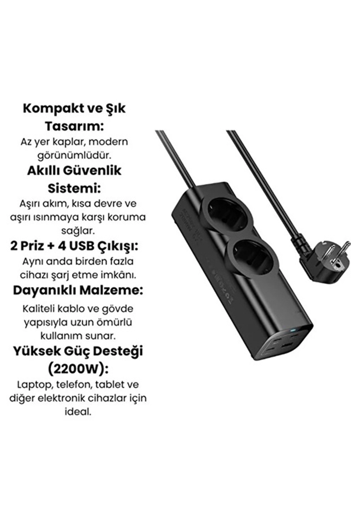 67w Hızlı Şarjlı Akıllı Çoklu Priz - 2000w Güç, 2 Usb-c + 2 Usb-a Çıkışlı, Telefon & Laptop Uyumlu