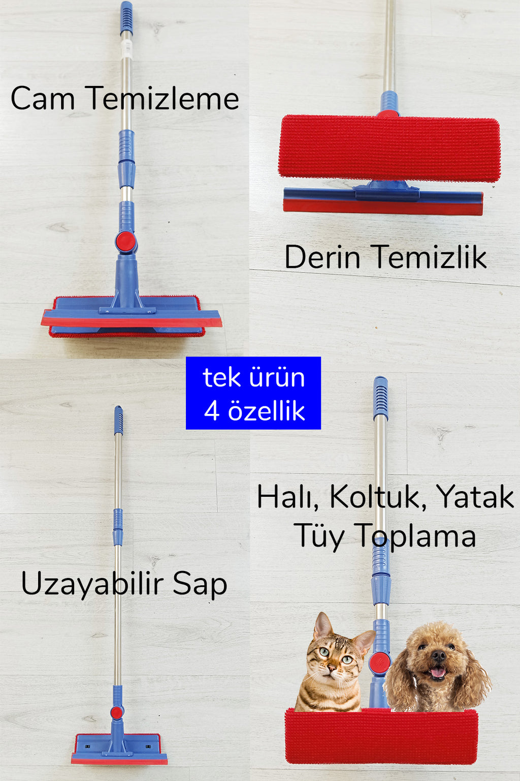 Kedi Köpek Sihirli Tüy Temizleme Fırçası 4 ü 1 Arada Döner Başlıklı