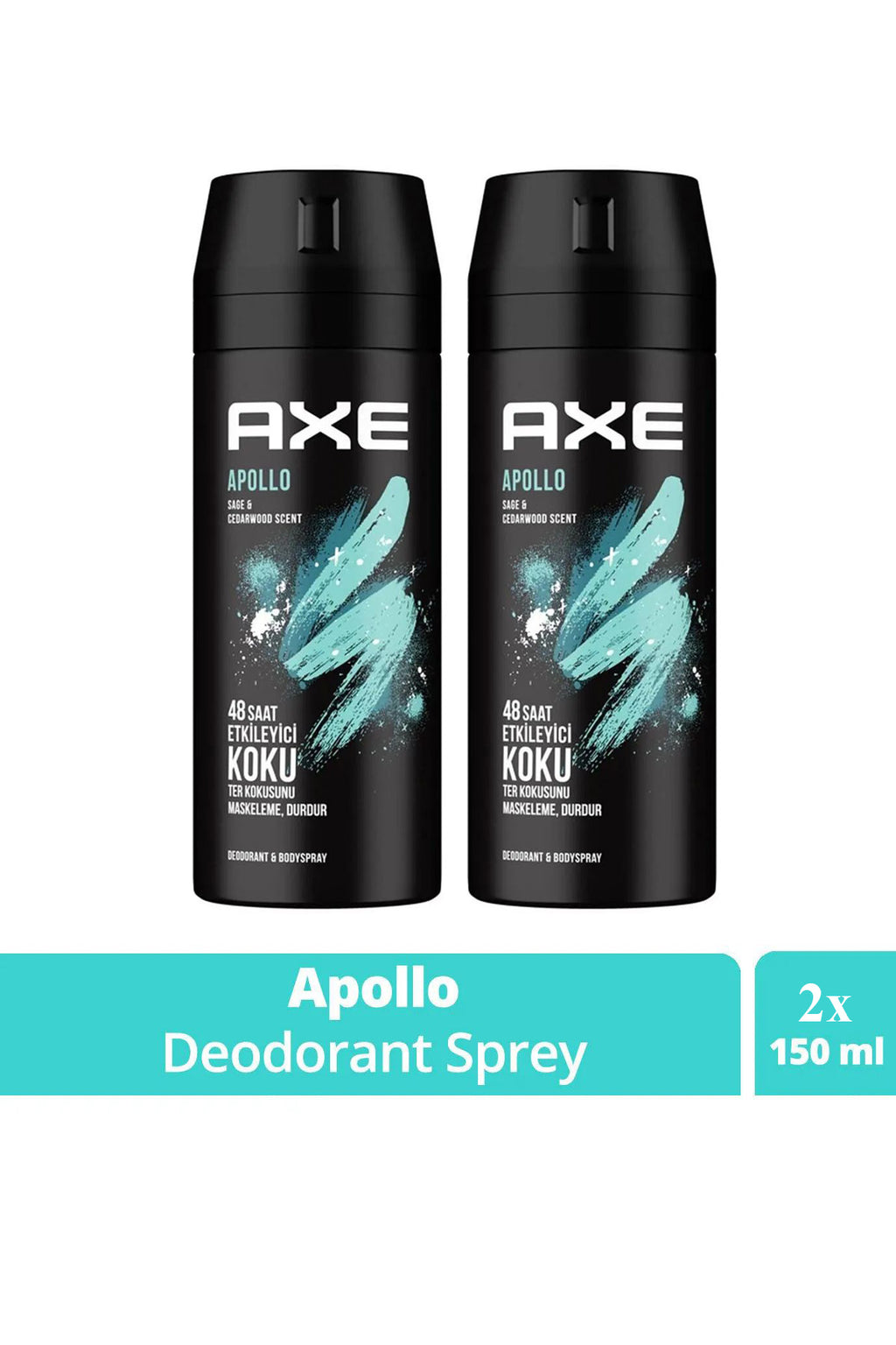 2 Adet Axe Erkek Sprey Deodorant Apollo 48 Saat Etkileyici Koku Vücut Spreyi 150 ml