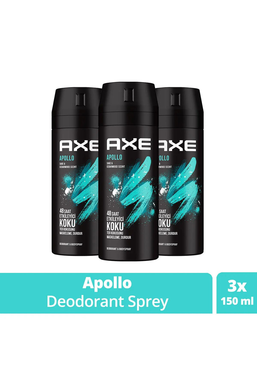 3 Adet Axe Erkek Sprey Deodorant Apollo 48 Saat Etkileyici Koku Vücut Spreyi 150 ml