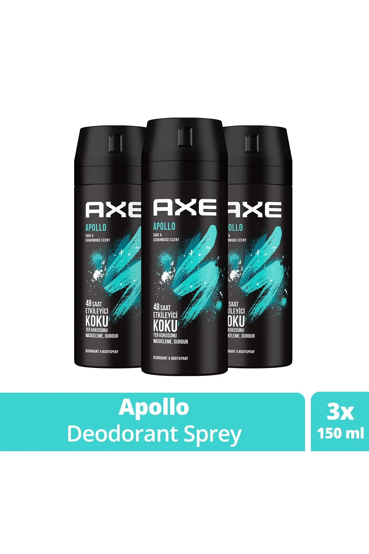 3 Adet Axe Erkek Sprey Deodorant Apollo 48 Saat Etkileyici Koku Vücut Spreyi 150 ml