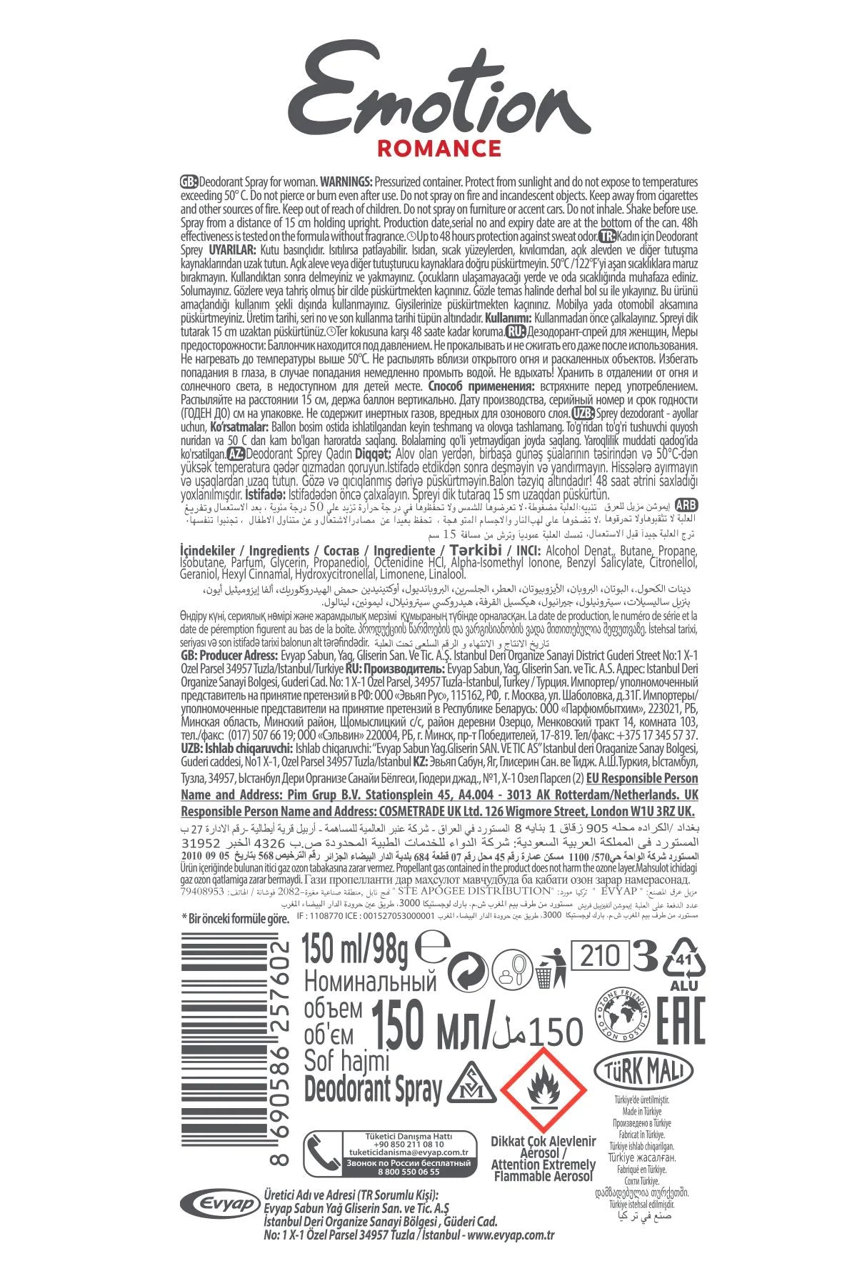 Emotion Romance Kadın Vegan Deodorant 150 Ml Hızlı Kurur, Leke Bırakmaz