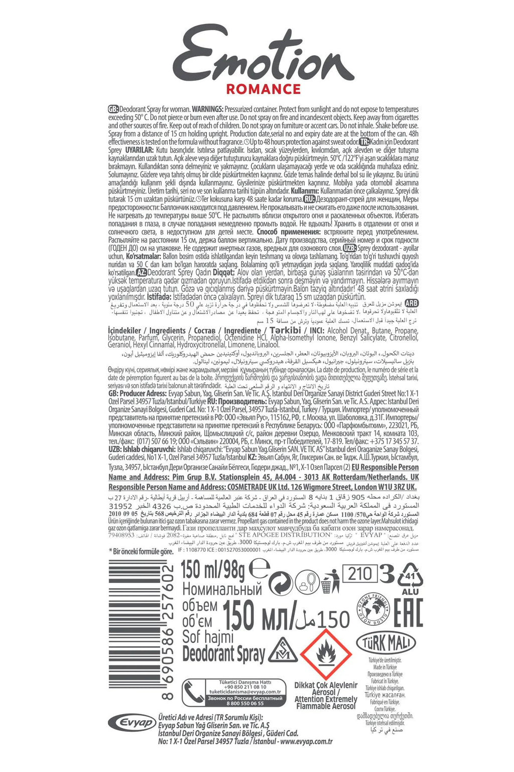 2 Adet Emotion Romance Kadın Vegan Deodorant 150 Ml Hızlı Kurur, Leke Bırakmaz