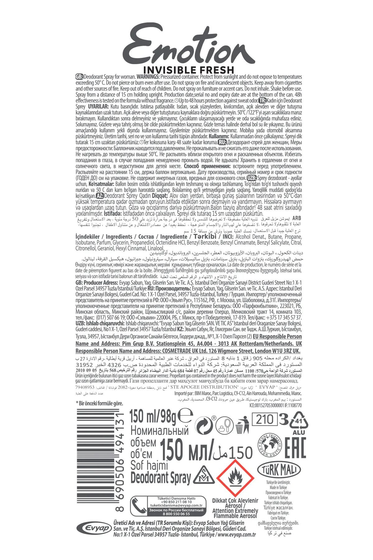 2 Adet Emotion Invisible Fresh Black & White Kadın Deodorant 150ml Vegan, Leke Bırakmaz