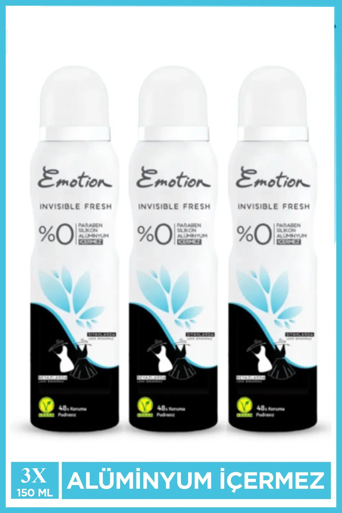 3 Adet Emotion Invisible Fresh Black & White Kadın Deodorant 150ml Vegan, Leke Bırakmaz