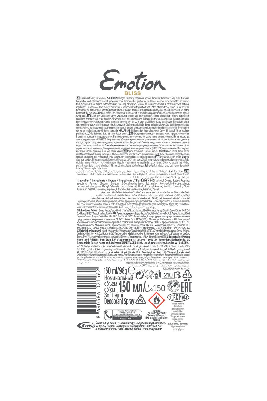 Emotion Bliss Kadın Vegan Deodorant 150 Ml Hızlı Kurur , Leke Bırakmaz