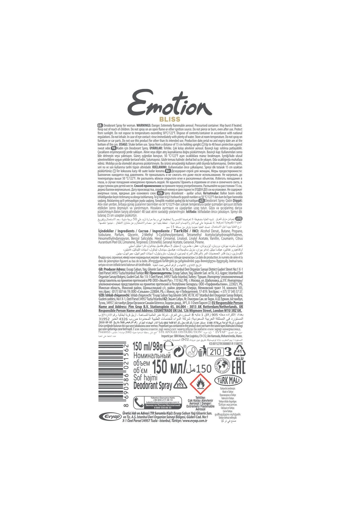 Emotion Bliss Kadın Vegan Deodorant 150 Ml Hızlı Kurur , Leke Bırakmaz