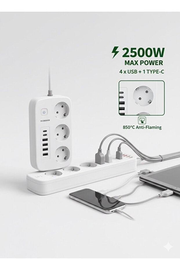 2500W Çoklu Priz 2 METRE - 3 lü AC Priz +5 USB Çıkışı AKIM KORUMALI Alev Almayan Gövde,