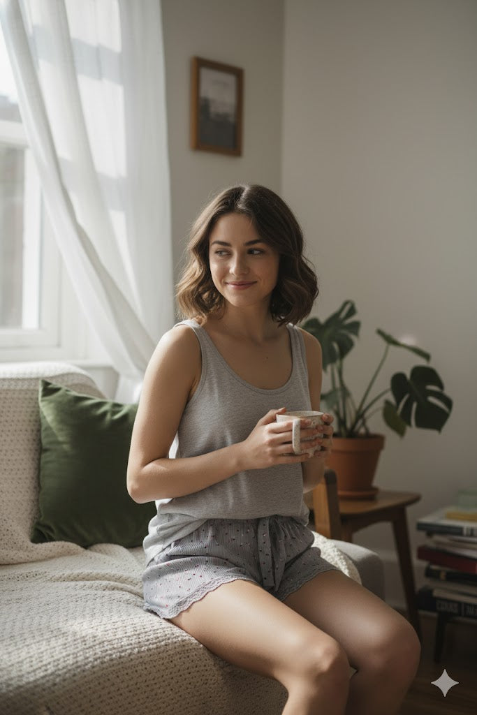 Düz Renk Mini Çiçek Desenli Penye Kadın Ev Şortu Bacak Dantel Detaylı Ev Giyim Gri