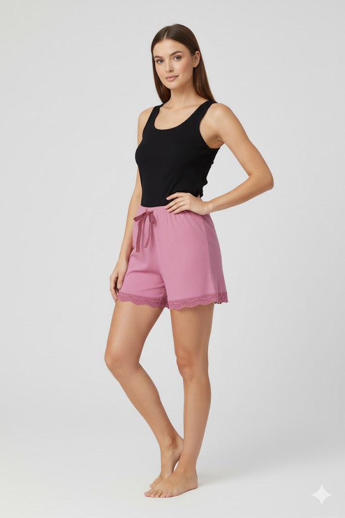 Bambu Fitilli Kadın Ev Şortu Bacak Dantel Detaylı Ev Giyim Pembe