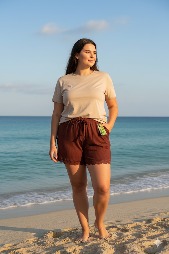 Bambu Fitilli Kadın Ev Şortu Bacak Dantel Detaylı Ev Giyim Koyu Taba