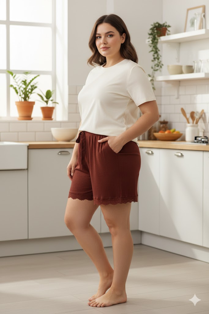 Bambu Fitilli Kadın Ev Şortu Bacak Dantel Detaylı Ev Giyim Koyu Taba
