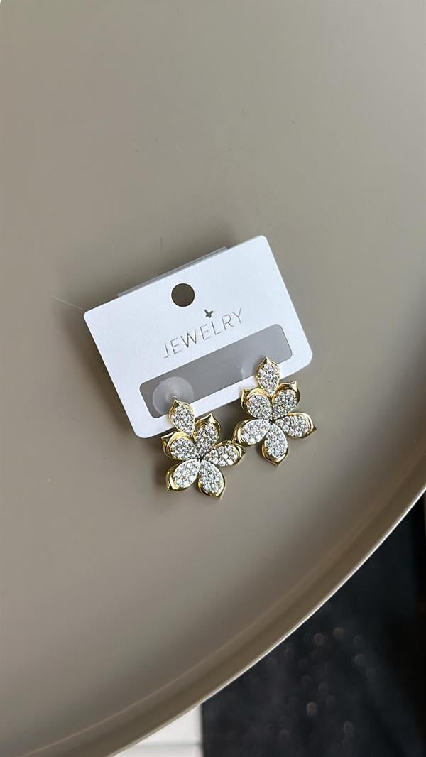 Taşlı Çiçek Küpe - Altın