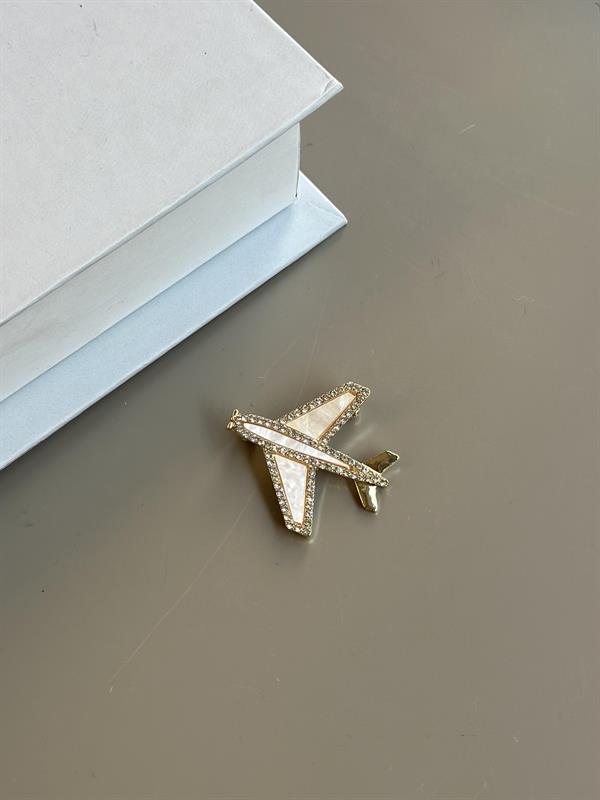 Sedefli Uçak Broş - Altın