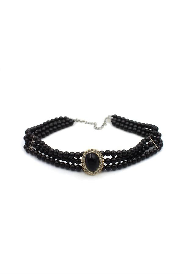 İncili Tasma Kolye - Siyah