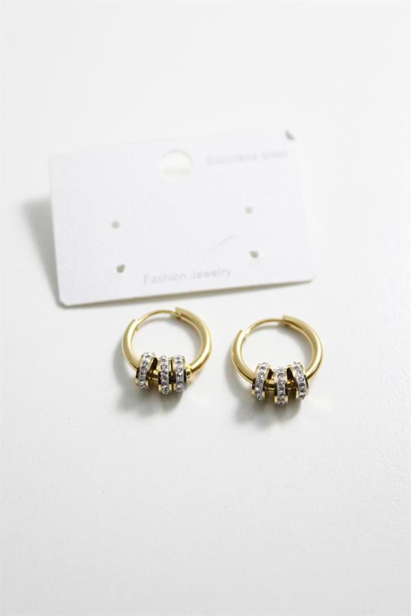 Çelik Taşlı Halka  Küpe - Altın