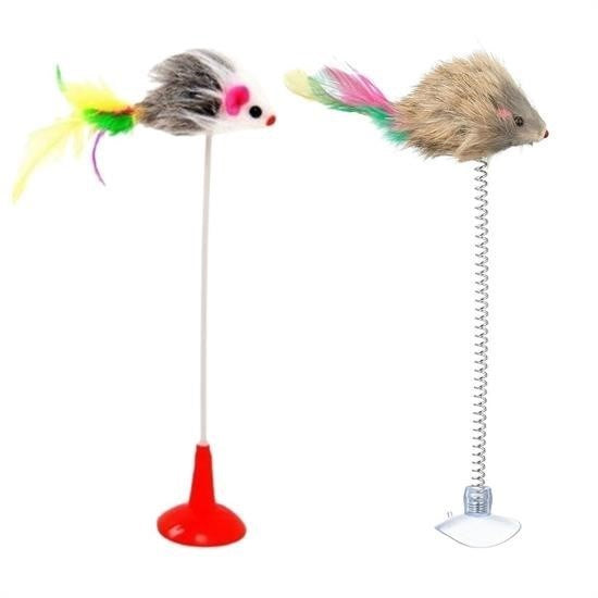 GENEL® 2li Vantuzlu Fareli Tüylü Hareketli Çanlı ve Esneyen Eğlenceli Peluş Kedi Oyuncağı - UcuzaGeliyor