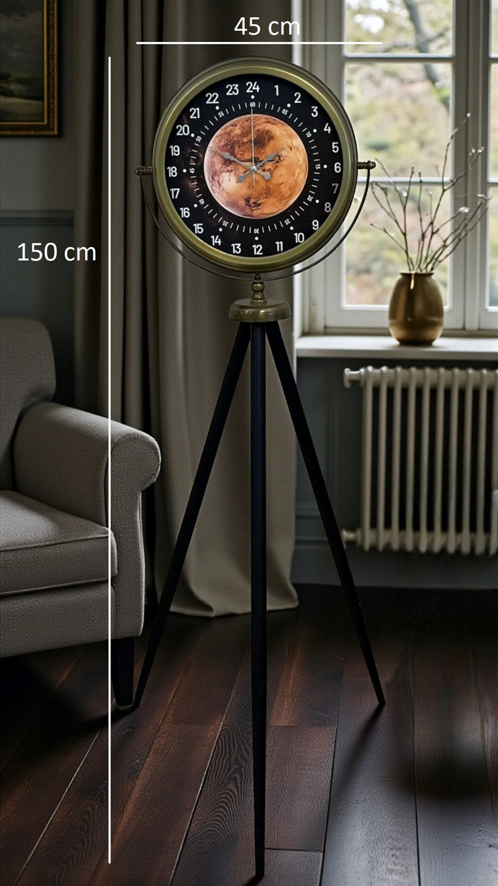 Eskitme 24 Saat Göstergeli Özel Tasarım Tripod Ayaklı Saat