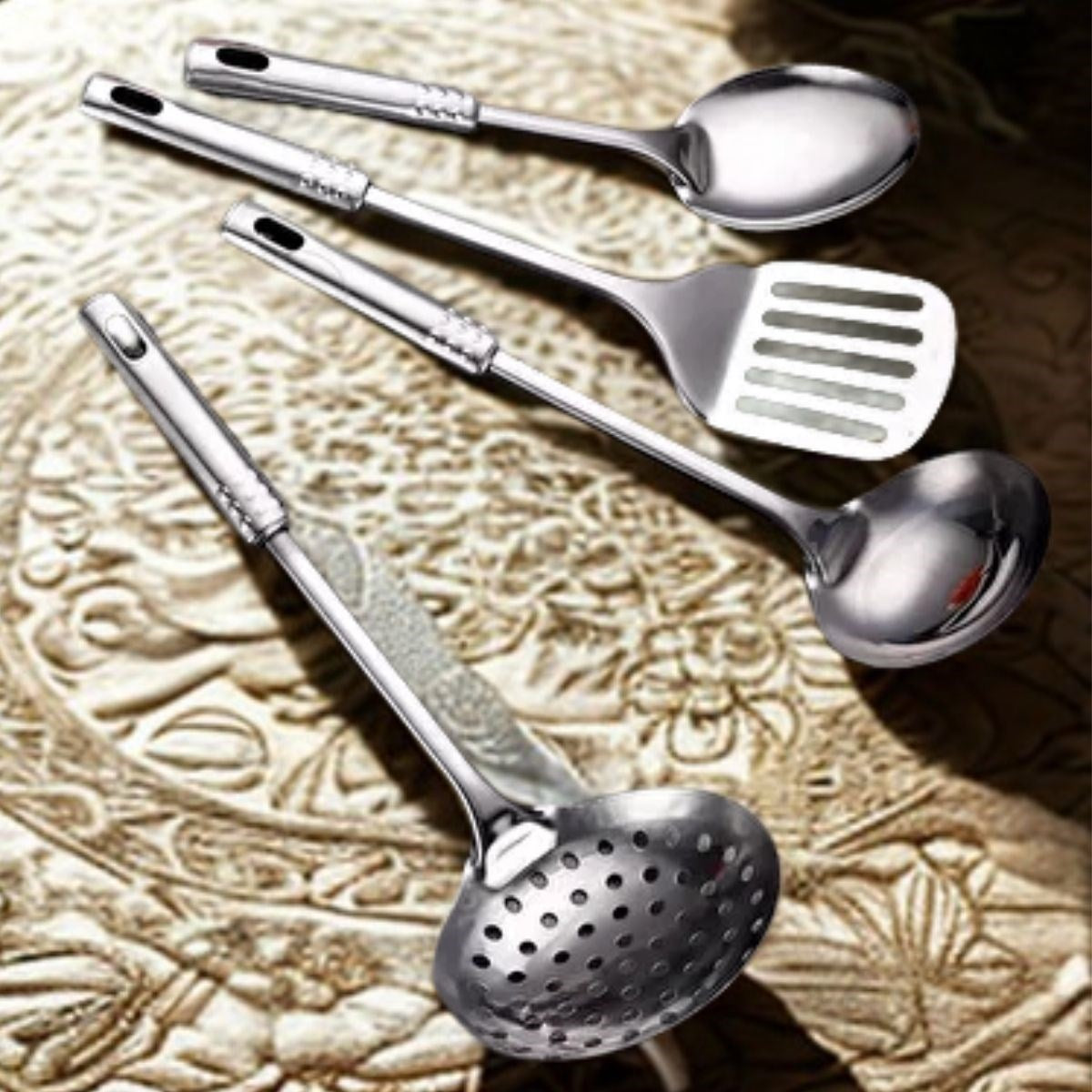 BUFFER® 4lü Çelik Kepçe,Süzgeç,Servis Kaşığı,Spatula Mutfak Yemek Hazırlama Servis Seti