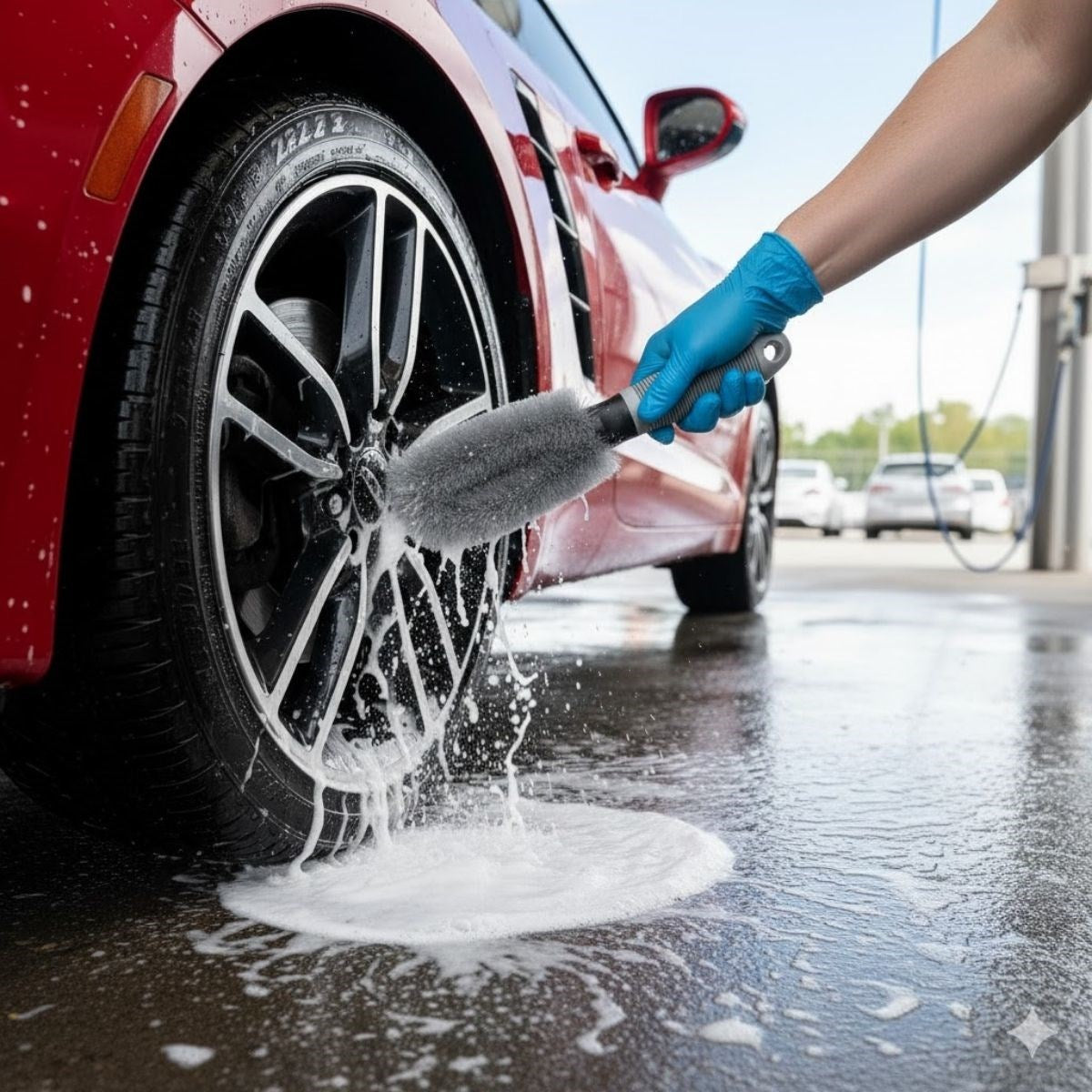 Gri Oto Jant Temizleme Fırçası - Ergonomik Saplı, Lastik ve Jant Detay Temizliği İçin Güçlü Kıllı Fırça